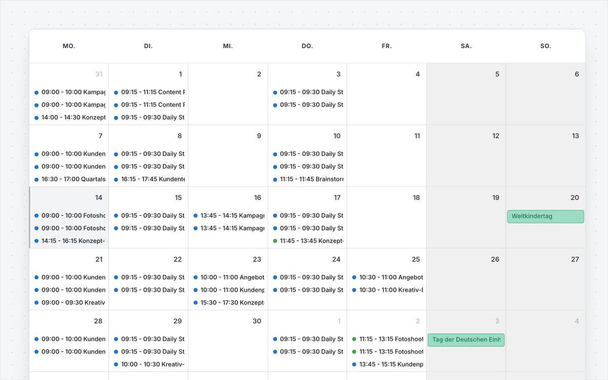 Month calendar with the team’s appointments, coloured per calendar