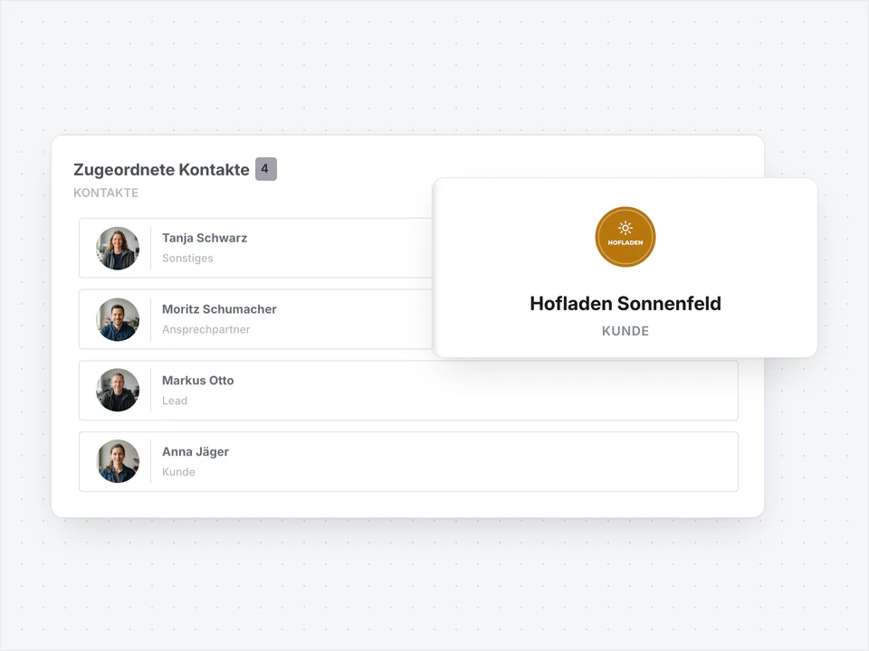 Company profile with logo and the client’s contacts with portrait and role