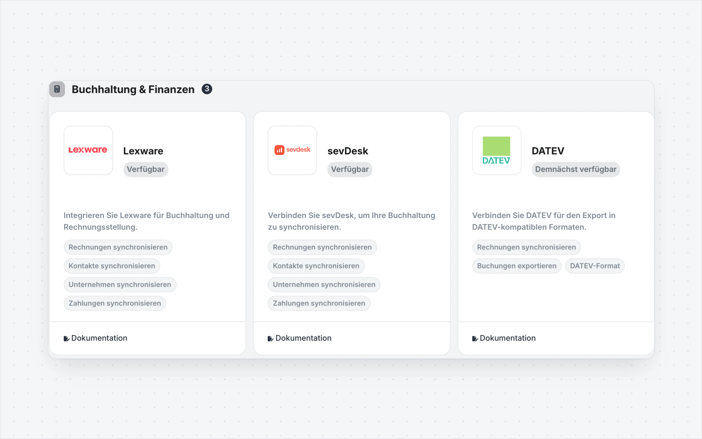 Integrationsportal mit Verbindungen zu DATEV, Lexware und weiteren Diensten