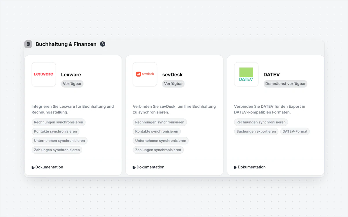 Integration portal with connections to Lexware, sevDesk and other services