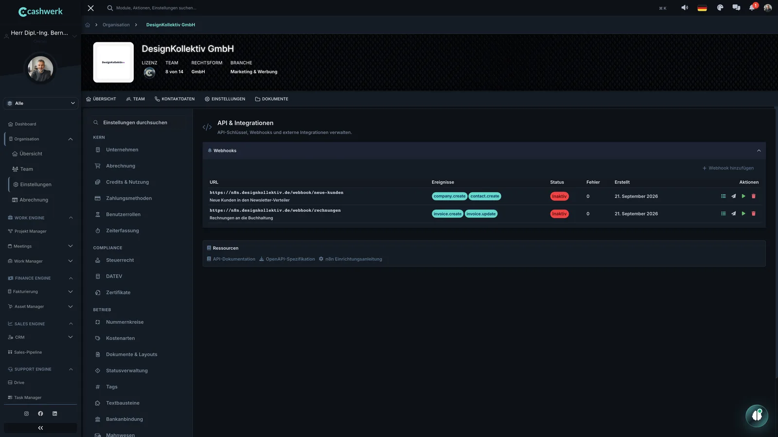 Webhooks mit Ziel-URL, Ereignissen, Fehlerzähler und Status