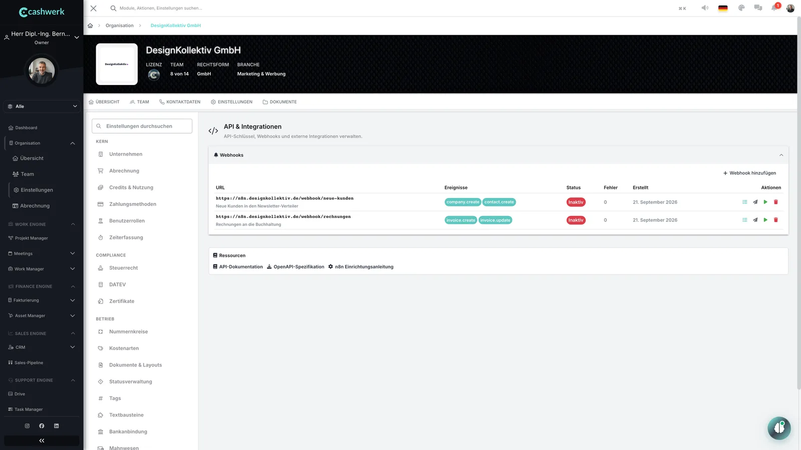 Webhooks mit Ziel-URL, Ereignissen, Fehlerzähler und Status