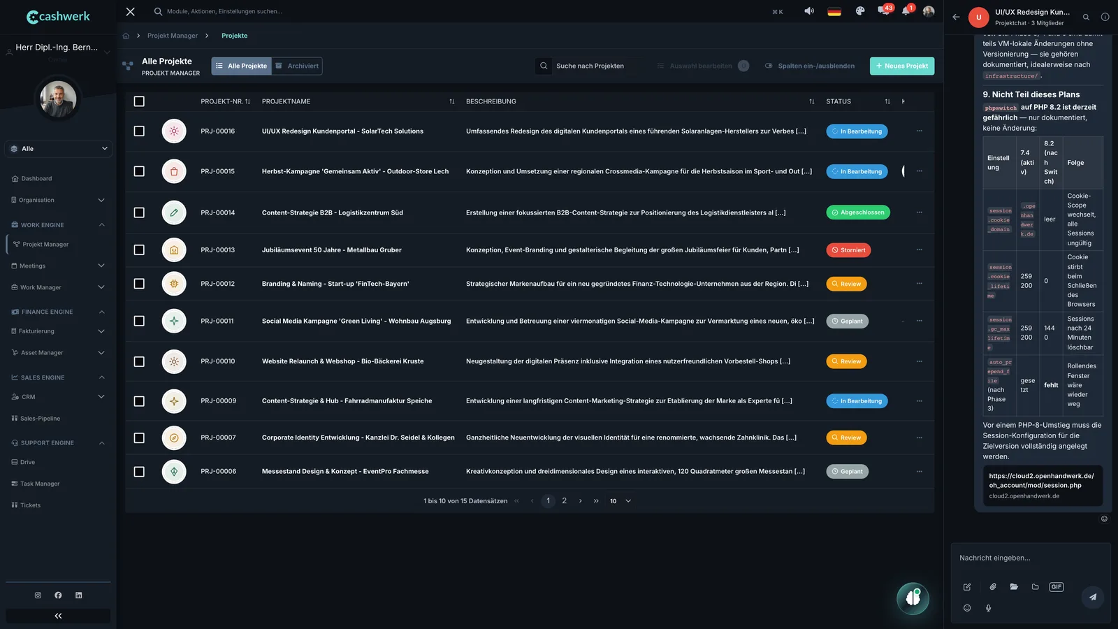 Projektchat mit Nachrichten des Teams, eine neue Nachricht kommt an