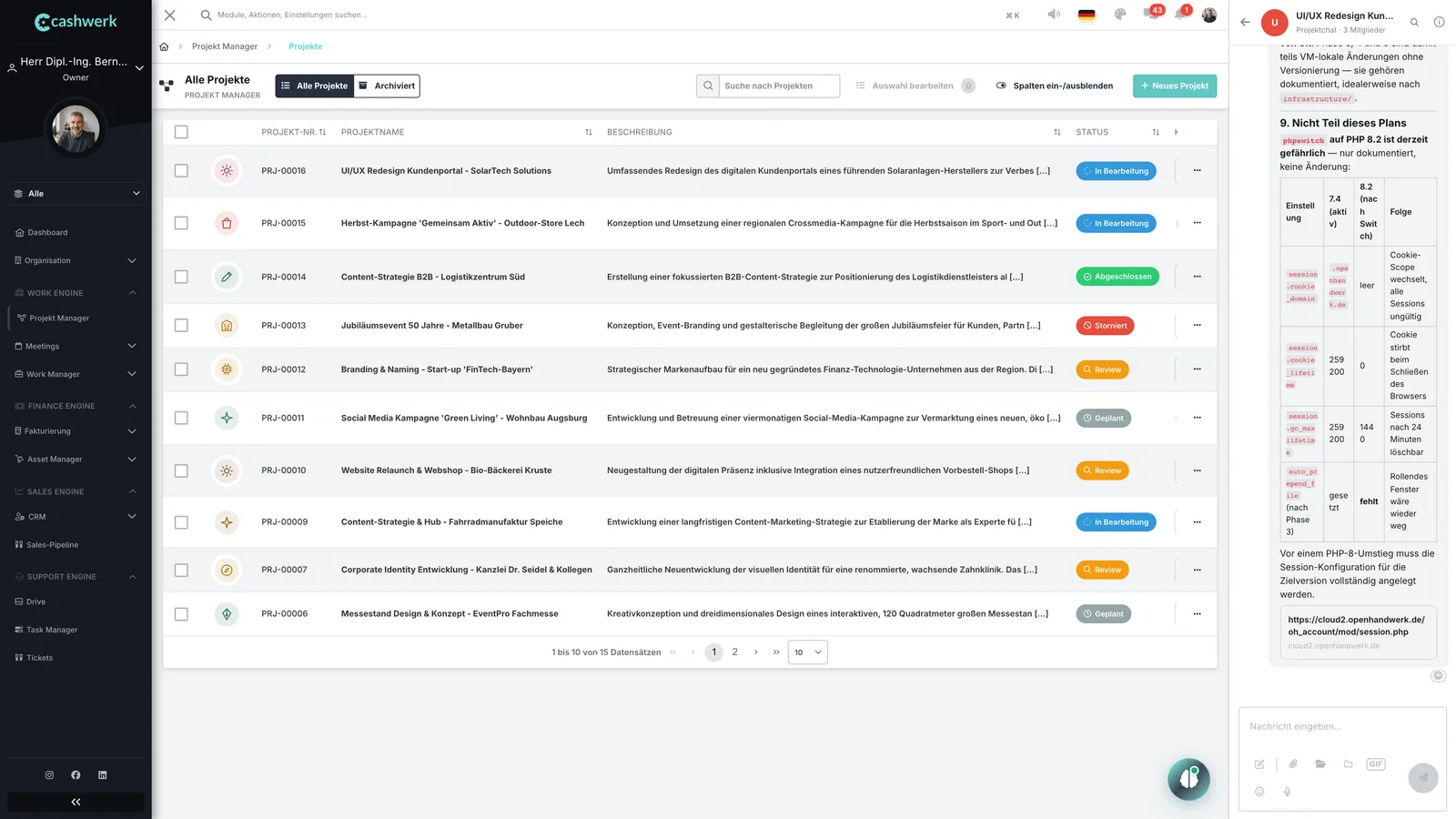 Projektchat mit Nachrichten des Teams, eine neue Nachricht kommt an